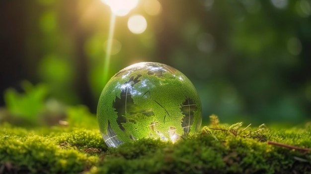 Foto-Sonnenlicht mit Erdkugelkristall oder nachhaltigem Globusglas auf grünem Moos-Naturhintergrund in der Ökologie-Umwelt-Waldkonzept des Baumschutzes Umweltplaneten Öko-Generator Ai