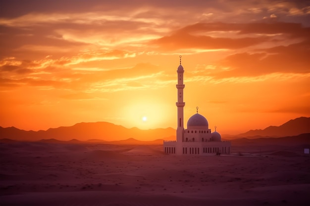 Foto Sonnenuntergang über der Wüste mit muslimischer Moschee im Vordergrund muslimisch-arabisch Islam Eid feiern