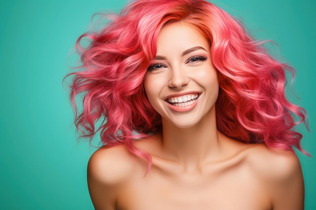 Foto sonriente hermosa cara muy linda de cabello rojo rosado vibrante cuidado de la piel de la niña