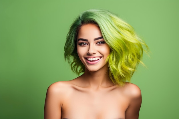 Foto foto sonriente hermosa cara muy linda de cabello verde vibrante cuidado de la piel de la niña