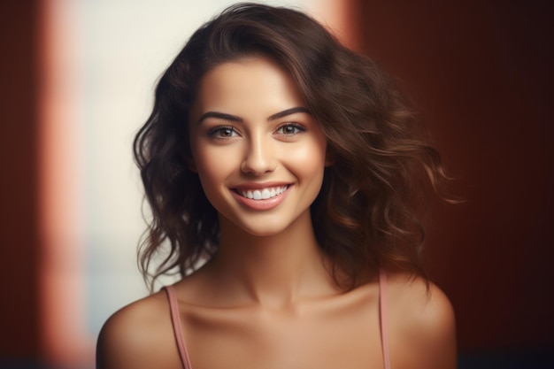 Foto sonriente hermosa cara muy linda de modelo de cuidado de la piel de chica en forma