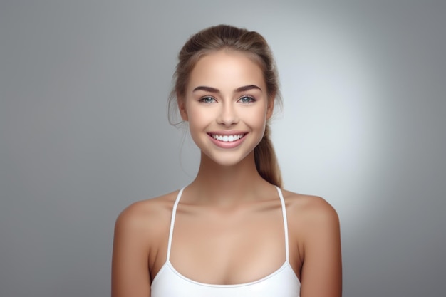 Foto sonriente hermosa cara muy linda de modelo de cuidado de la piel de chica en forma