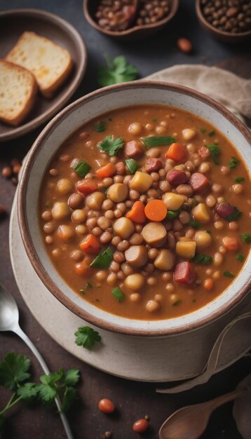 Foto foto de la sopa de lentejas con verduras fabada asturiana