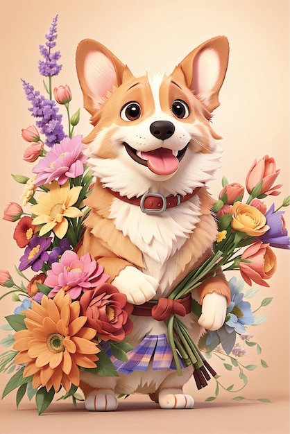 Foto sorrindo bonito corgi segurando buquê em flores coloridas isoladas fundo quente