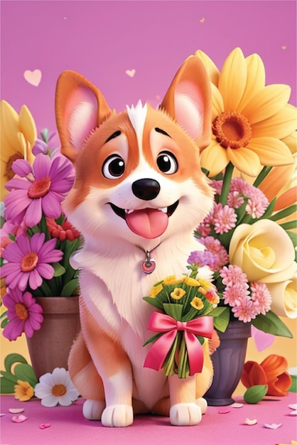 Foto sorrindo bonito corgi segurando buquê em flores coloridas isoladas fundo quente