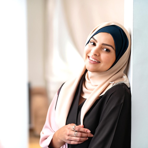 foto sorrindo linda mulher muçulmana posando dentro de casa