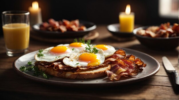 Foto Speck und Ei Frühstück auf einem Holztisch