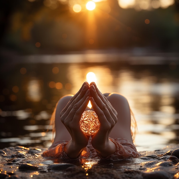 Foto spirituelles Gebet überreicht die Sonne mit verschwommenem, wunderschönem Sonnenuntergang