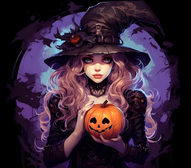 Foto Spooky 3D Witch Girl ilustración para el día de Halloween con cara malvada calabaza generativa