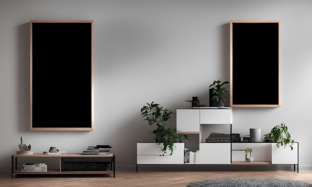 Foto stilvolle Komposition aus modernem Wohnzimmer-Interieur-Mock-up-Plakatrahmen aus Holz