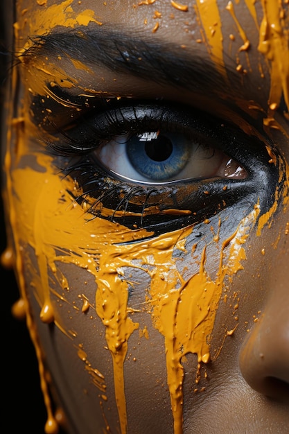 Foto de stock cerrar macro de una mujer joven en oro y pintura naranja