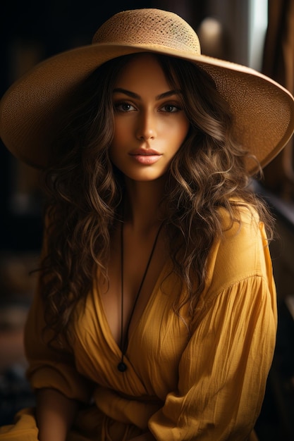 Foto de stock cerrar macro de una mujer con un sombrero sentado