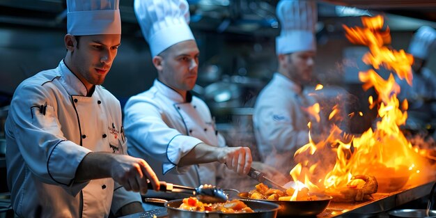 Foto de stock de chefs cocinando comida gourmet en uniforme con sombrero Concept Chefs Cooking Gourmet Food Uniform Hat