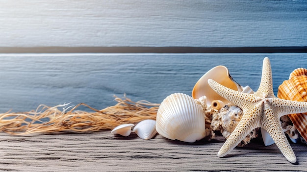 Una foto de stock de un concepto de horario de verano con conchas marinas y estrellas de mar sobre un fondo de madera azul y