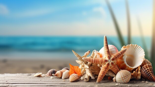 Una foto de stock de un concepto de horario de verano con conchas marinas y estrellas de mar sobre un fondo de madera azul y