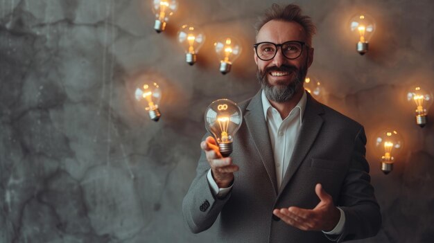 Foto foto de stock de un ejecutivo con bombillas que representan la innovación