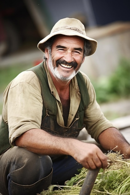 Foto de stock de un granjero sonriendo mientras trabaja en su granja creada con IA generativa