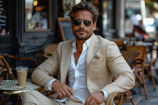 Foto de stock de un hombre guapo en traje marrón y zapatos inspirados en mocula marrones sentado en un café al aire libre