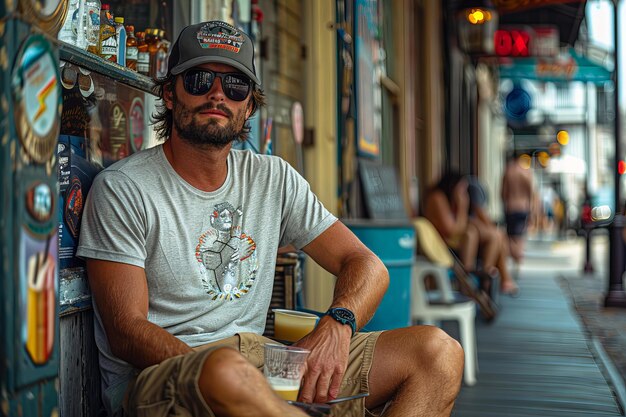 Foto foto de stock de un hombre guapo de unos treinta y medio años con pantalones cortos de color caqui y zapatillas y una pelota de béisbol gráfica