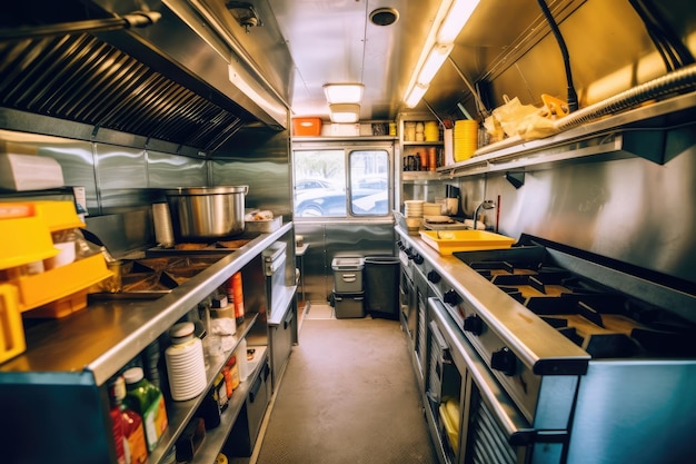 Foto foto de stock del interior de la cocina del camión de comida cocinando algo fotografía de comida profesional generada por ai