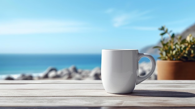 Una foto de stock de una maqueta de una taza de café en blanco con un tema de verano IA generativa