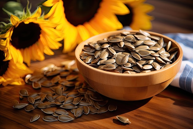 Foto de stock de semillas de girasol en la mesa de la cocina fotografía plana