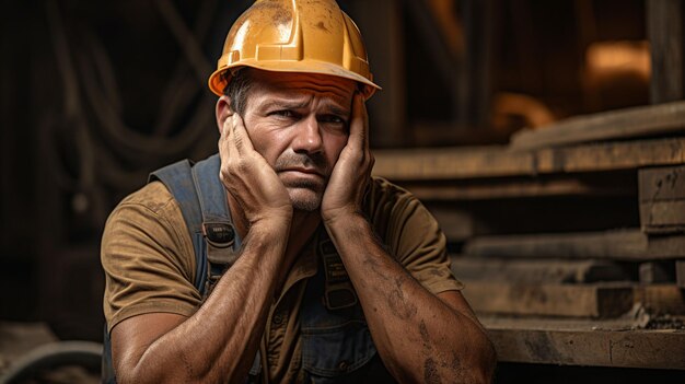 Foto de stock de un trabajador de la construcción con una pose pensativa agotada