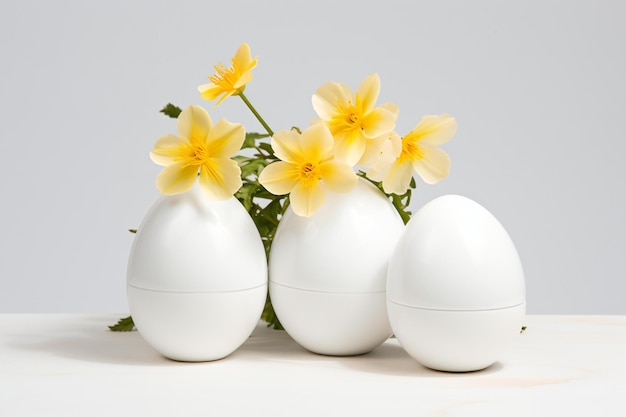 Foto de stock de tres huevos en un jarrón blanco con flores amarillas en el interior