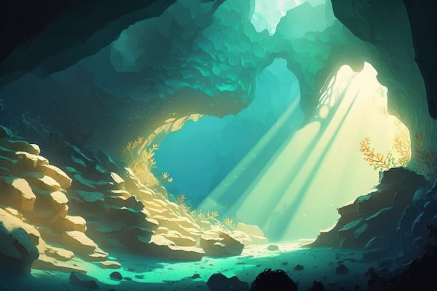 Foto subaquática da luz solar mágica de uma caverna de um mergulho no Mar Vermelho do Egito