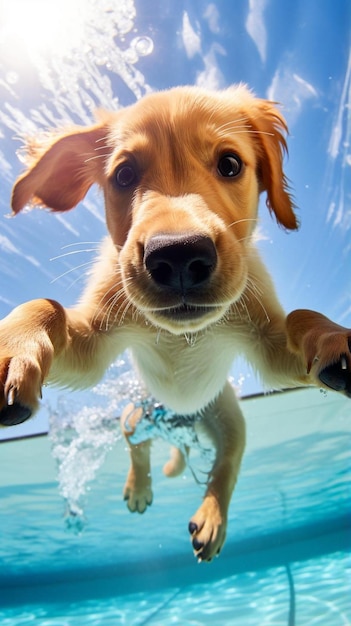 Foto subaquática de cachorro de golden labrador retriever em piscina ao ar livre brincando com diversão.