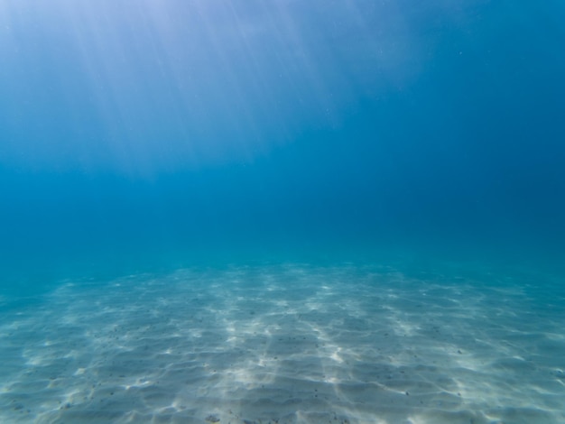 Foto subaquática de mar azul com fundo arenoso no sul da França