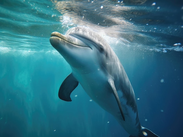 Foto submarina de delfines alegres y optimistas.