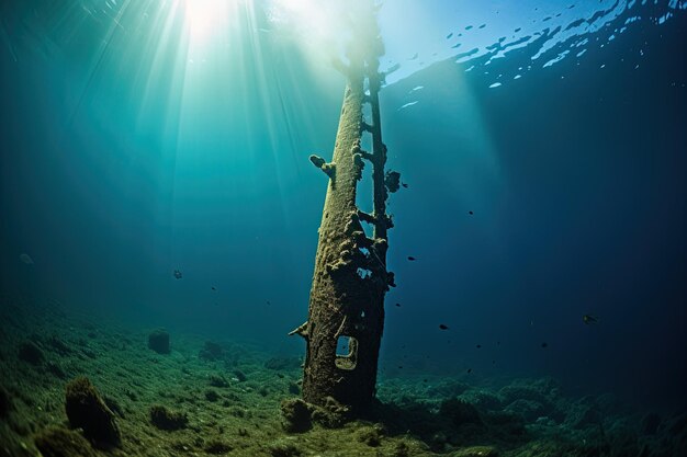 Una foto submarina de un tronco de árbol en el océano