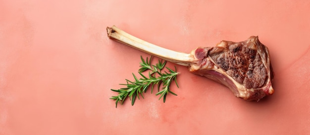 Foto de un suculento filete con romero aromático en un telón de fondo rosado vibrante con espacio para copiar