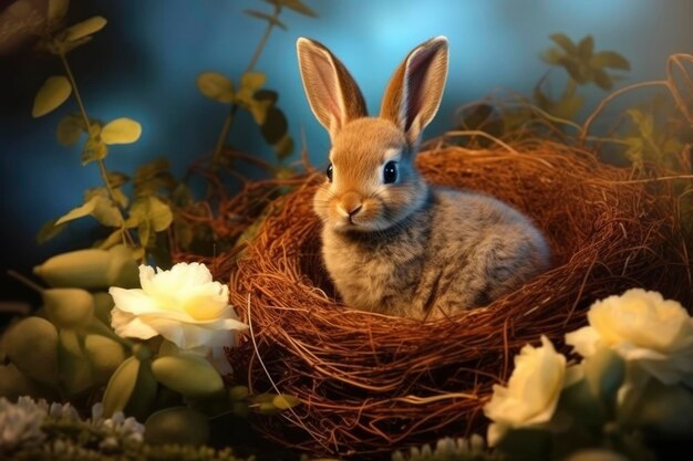 Foto süßes Kaninchen mit vielen Ostereiern