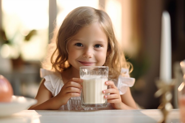 Foto süßes Kind, das Milch trinkt