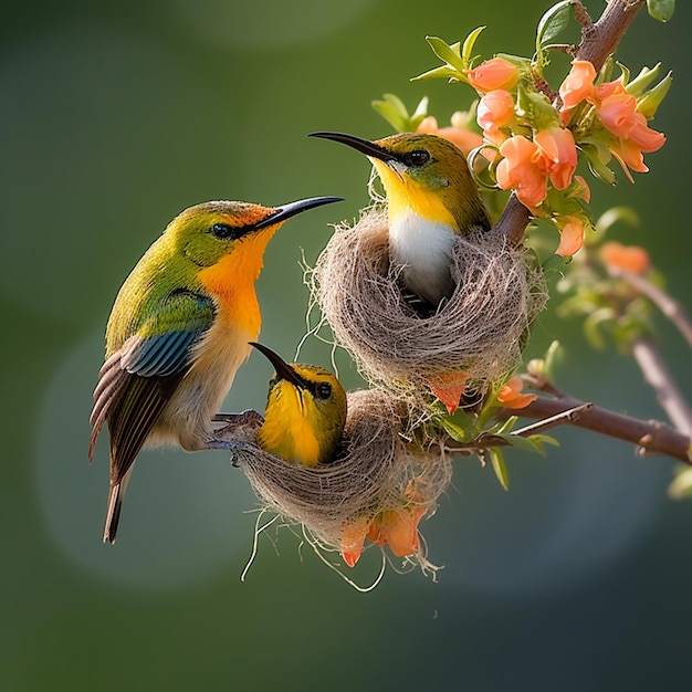 foto sunbird nectarinia jugularis macho alimentando filhotes recém-nascidos no ramo