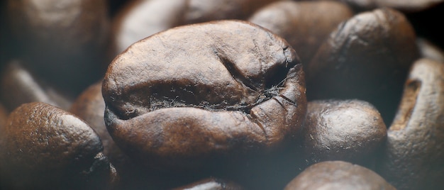 Foto super macro de grãos de café arábica torrados.