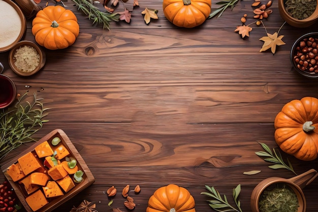 Foto superior de las calabazas y las hierbas en una plantilla de mesa de madera