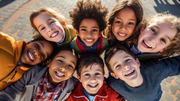 Foto superior de niños riendo tomada con una cámara ojo de pez