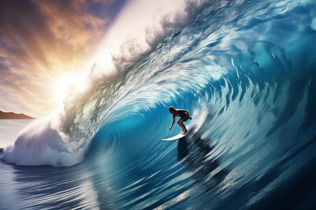 foto de un surfista en una ola azul