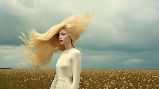 Foto surreal de uma garota no campo de flores da natureza estoque mulher beleza loira ruiva Generative AI