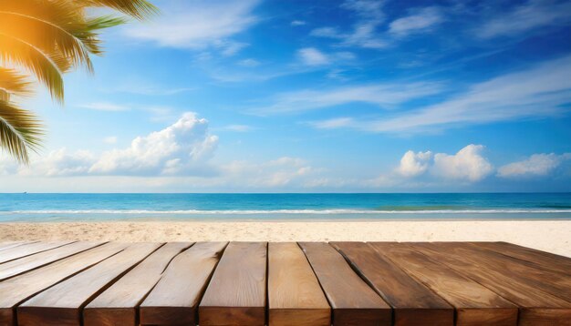 Foto tabla de madera mesa vacía frente al fondo azul del cielo y el mar generado por AI