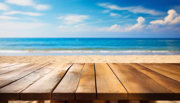 Foto tabla de madera mesa vacía frente al fondo azul del cielo y el mar generado por AI
