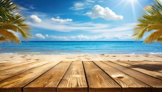 Foto tabla de madera mesa vacía frente al fondo azul del cielo y el mar generado por AI