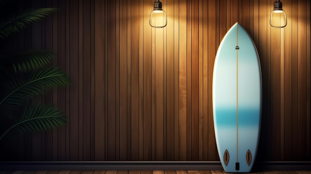 Foto tabla de surf azul inclinada en espacio de copia de pared de madera con lámpara ai generada