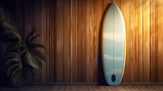Foto tabla de surf azul en pared de madera copia espacio ai generado