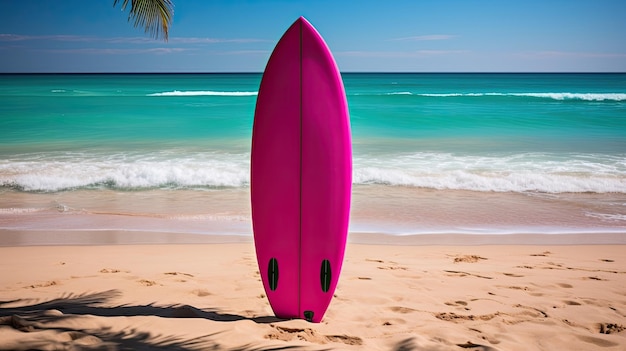 una foto de una tabla de surf magenta en una playa de arena