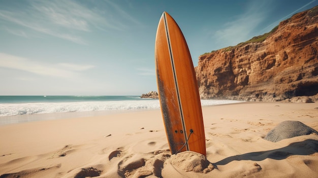 Una foto de una tabla de surf en una playa de arena