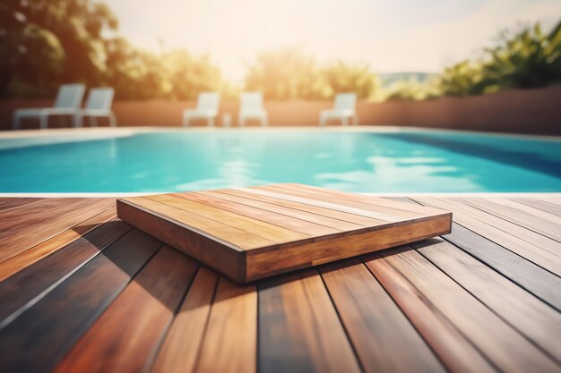 Foto tablero de madera en una terraza junto a la piscina ai generado